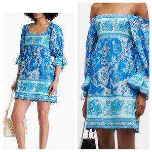 NWT  Farm Rio Full of Flowers Mini Dress in blue Large smocked floral